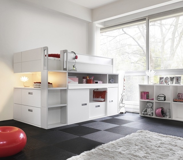 Loft-cama-para-quarto-infantil-elegante-design-branco-armazenamento-iluminação-mesa
