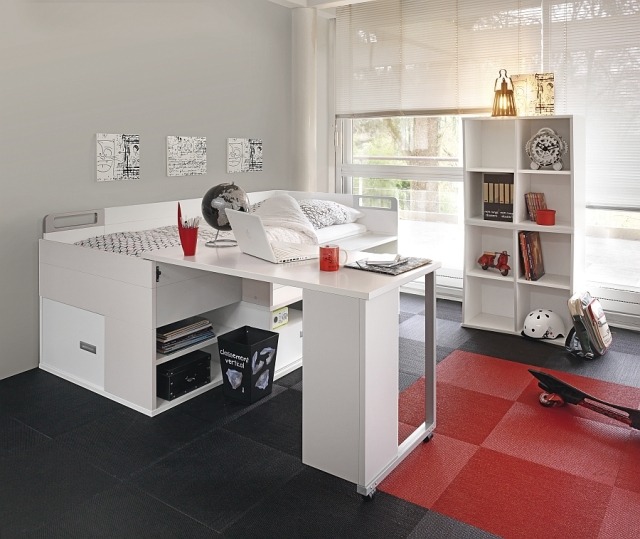 Loft-bed-white-with-storage-space-desk-modern-room-ideas-child room