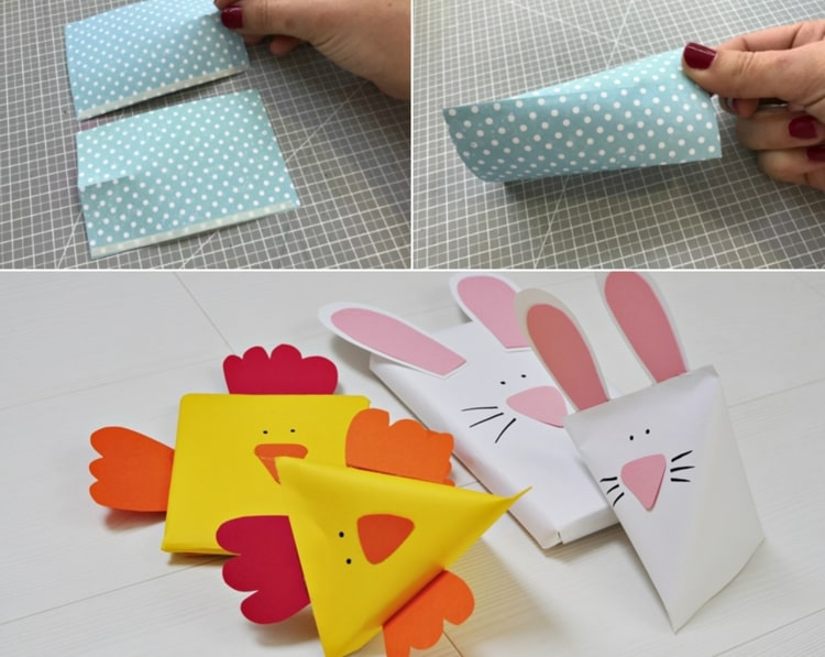 Faça você mesmo uma embalagem triangular de papel para a Páscoa - frango ou coelho branco