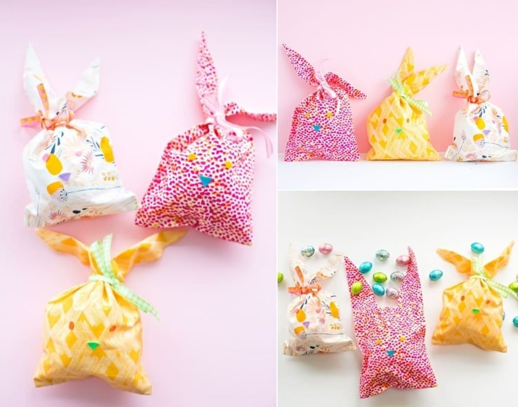 Faça embalagens de Páscoa de tecido colorido com orelhas de coelho