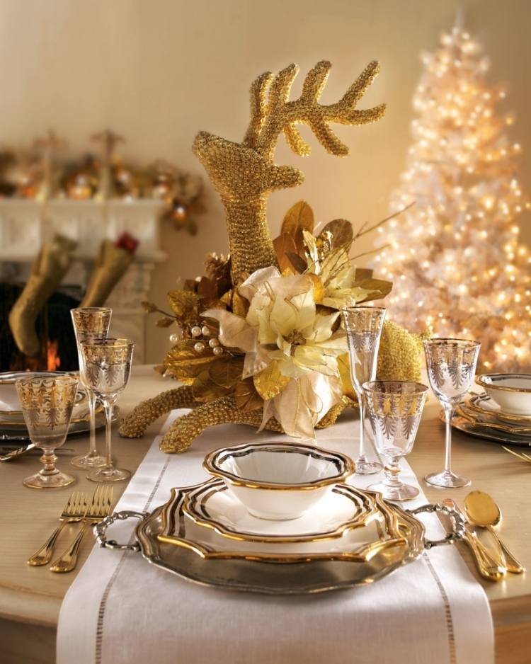 decoração de mesa-natal-faça-você-mesmo-ouro-glitter-cervo-porcelana-pratos