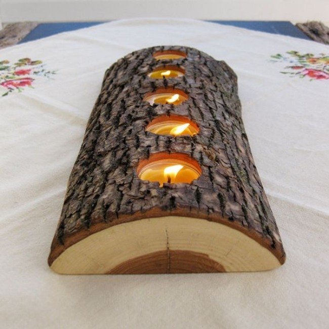 decoração-madeira-rústica-tealight-titular-feito-de-casca-de-árvore-ideias-mesa-de-natal