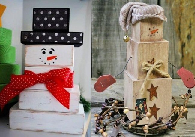 Bonecos de neve tricotados com fitas de madeira quadradas com materiais naturais