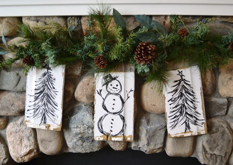 decorações de natal feitas de madeira rústica-tábuas de madeira-pintura-abeto-árvore-boneco de neve-lareira