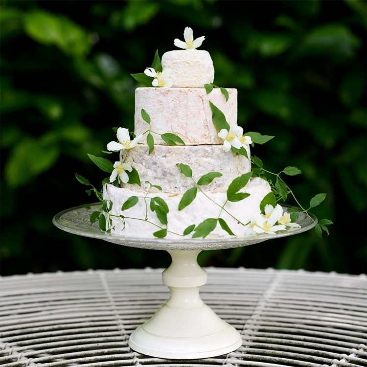 Bolo de casamento de queijo branco, decorado de forma simples com jasmim