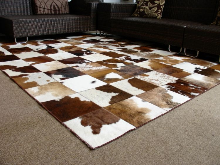 couro de vaca-tapete-acessórios-móveis-patchwork-marrom-branco-decoração de piso