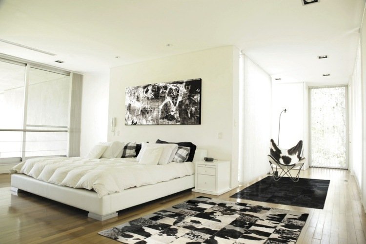 couro-carpete-minimalista-quarto-moderno-preto-branco-patchwork monocromático