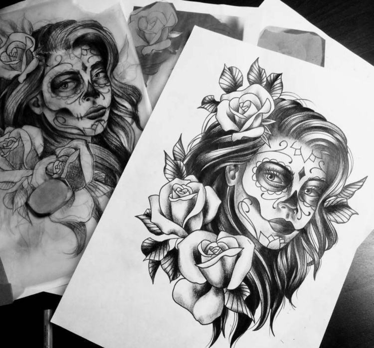 Modelos de tatuagem La Catrina Design de tatuagem de rosas Significado