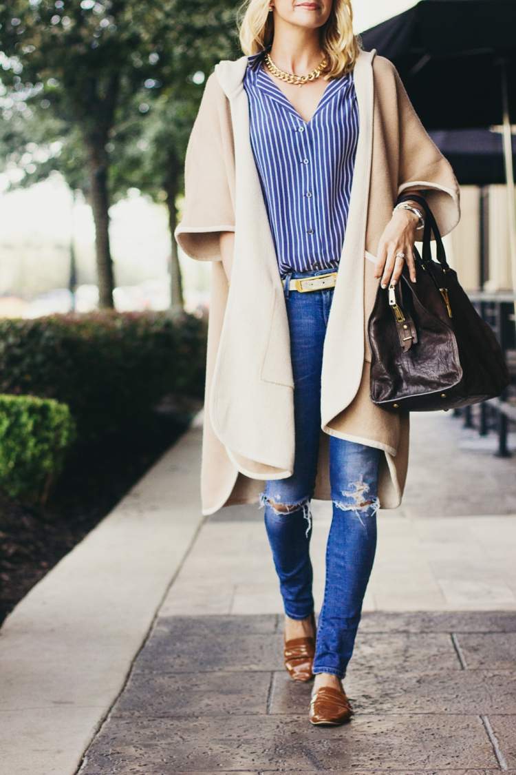 Lagenlook fashion primavera-longo-rasgado-jeans-camisa-listrada-branco-azul-grande-senhora-bolsa-chinelo-couro envernizado