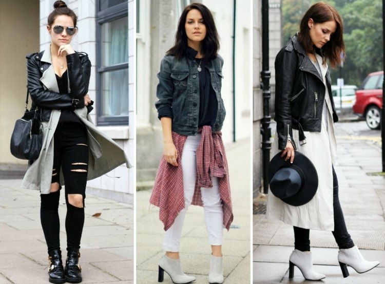 Lagen-look-fashion-ideas-spring-layering-black-leather-jaqueta-long-cardigan-rasgado-jeans-white-cankle boots-plaid-shirt