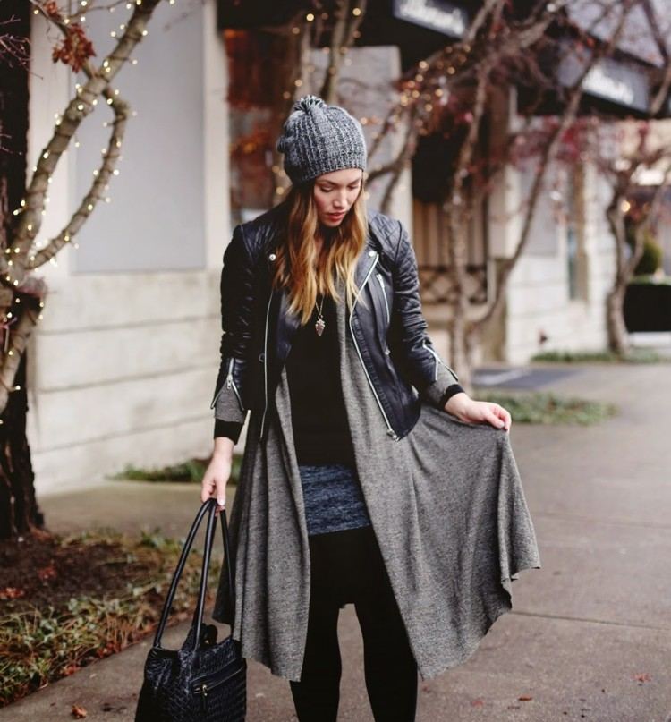 Lagen-look-fashion-layer-idea-gray-long-cardigan-black-leather-jaqueta-shirt-jeans