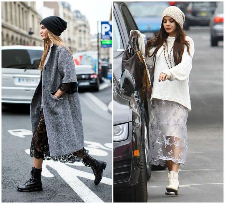 Lagen-look-fashion-layering-idea-overized-lã-casaco-preto-comprimento-médio-renda-vestido-suéter-tricotado-botas de chapéu