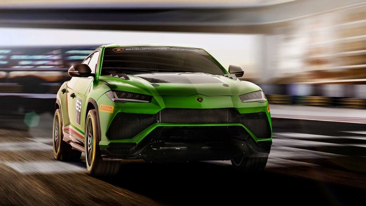 Lamborghini urus st x conceito com tinta verde mate e carro de corrida de capô de fibra de carbono
