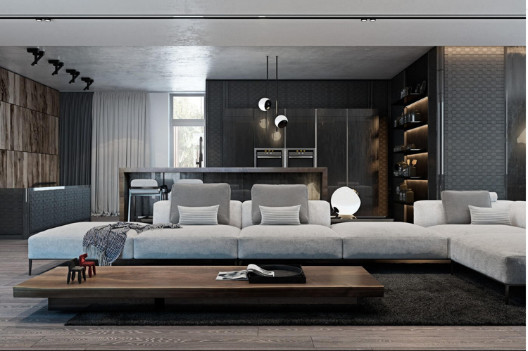 Laminado em cinza - revestimento de parede de madeira - moderna - sala de estar - sofá - estofamento - veludo - cozinha aberta