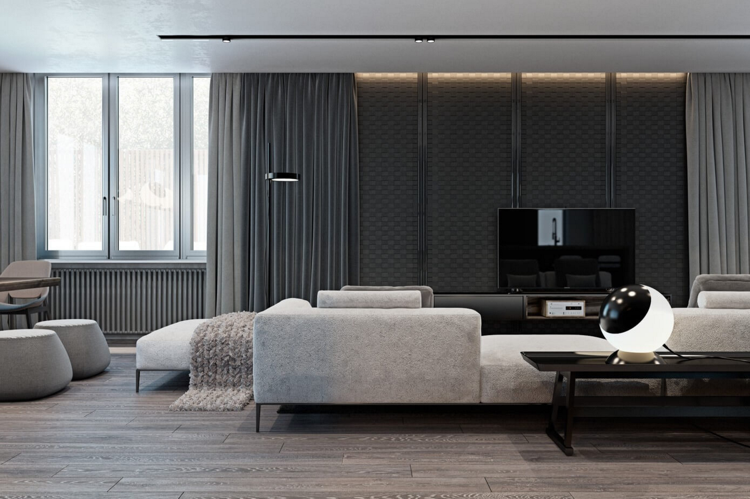 laminado-cinza-antracite-estrutura-revestimento de parede-moderna-sala de estar-iluminação indireta-cortinas
