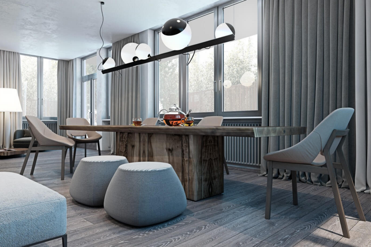 laminado-cinza-madeira-mesa de jantar-design-moderno-luzes-cadeiras-cortinas-opaco