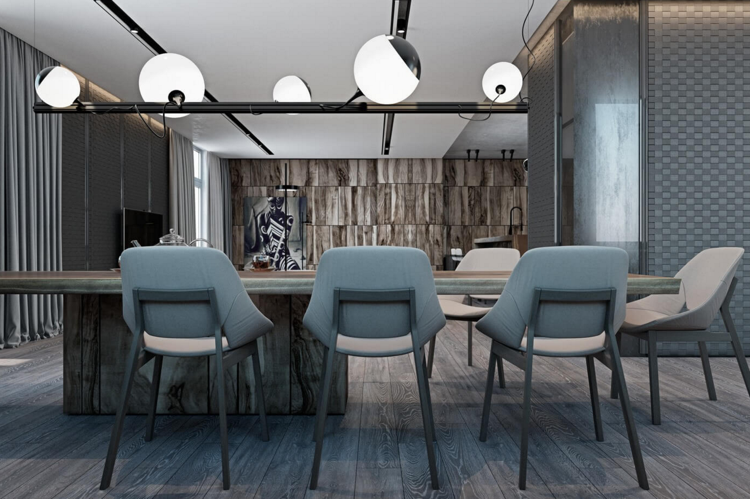 laminado-cinza-madeira-revestimento de parede-moderno-mesa-de-jantar-design-luz-cadeiras
