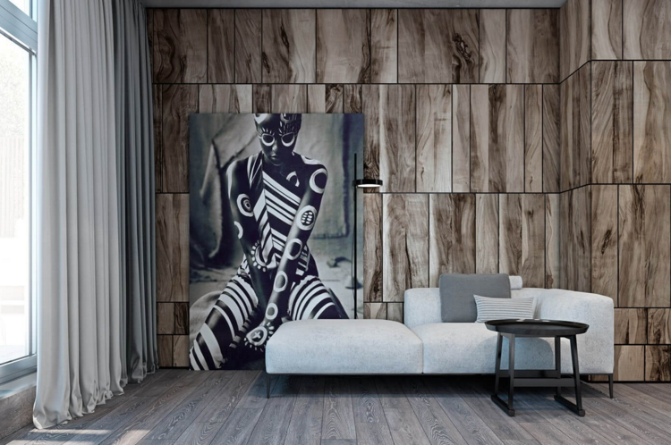 laminado-cinza-madeira-revestimento de parede-moderno-área de estar-quadro-foto-cortinas-opaco