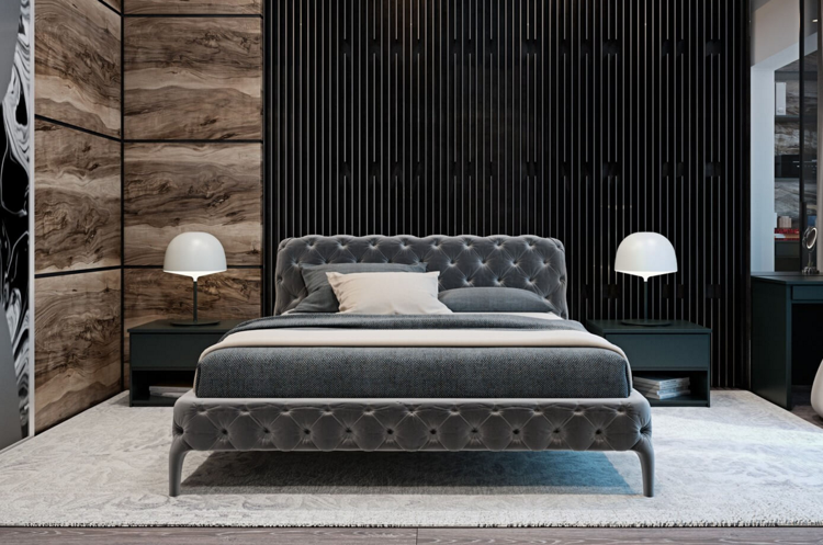 laminado-cinza-madeira-parede revestimento-moderno-estrutura-quarto-cama estofada-tufado
