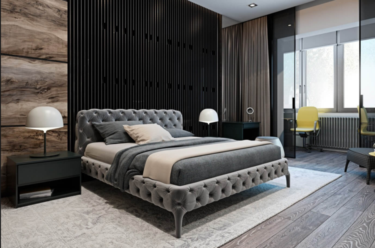 laminado-cinza-madeira-revestimento de parede-moderno-estrutura de ripas-quarto-cama estofada com tufos