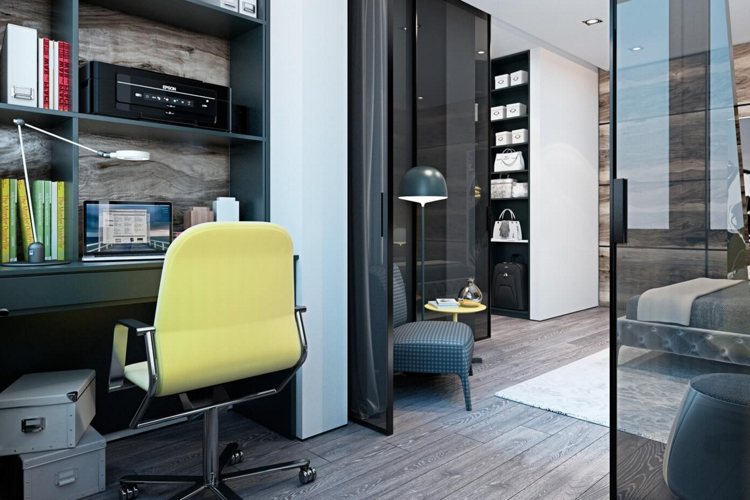 laminado-cinza-moderno-quarto-quarto-divisória-vidro-parede-local de trabalho design