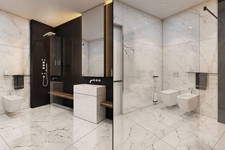 banheiro-moderno-minimalista-mármore-vidro parede-chuveiro