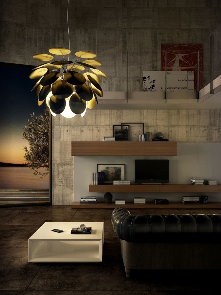 lâmpada placas redondas mesa lateral ouro preto parede viva