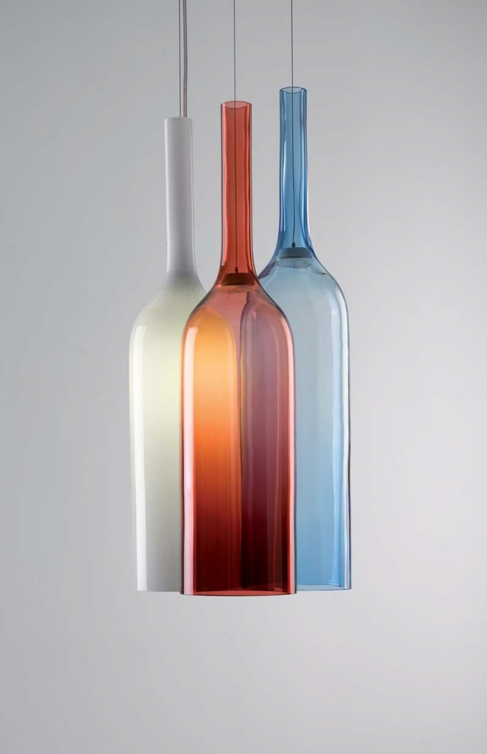 lâmpadas design garrafas vidro colorido iluminação vintage vermelho azul