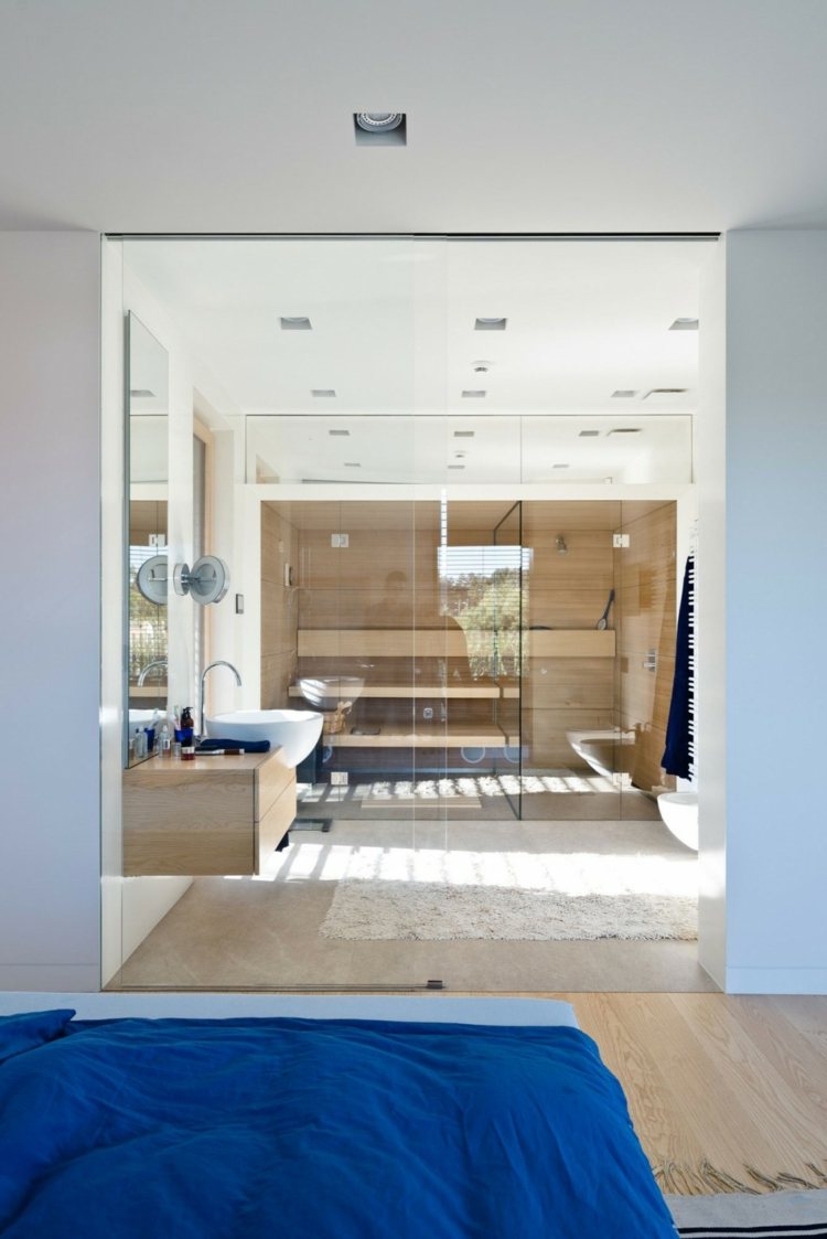 LED-luzes embutidas-quarto-banheiro-open-glass-wall-wet cell-wood