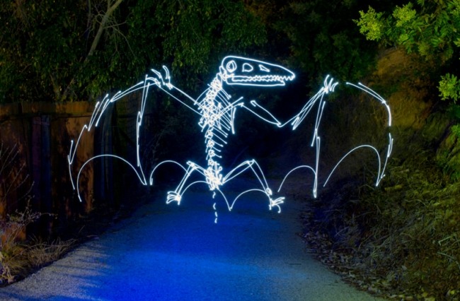 luz de instalação de arte voadora de dinossauro por darren pearson