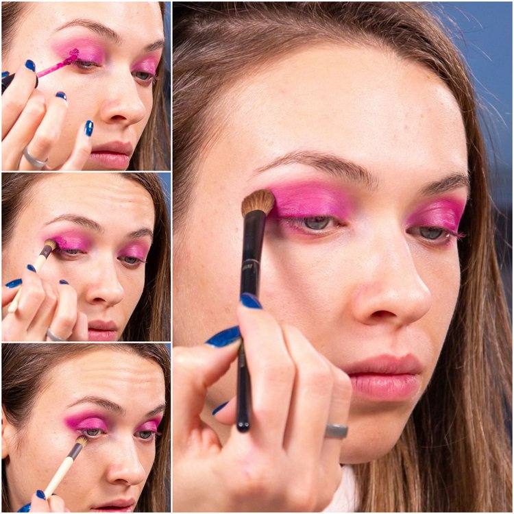 Maquiagem para os olhos em batom fúcsia como sombra