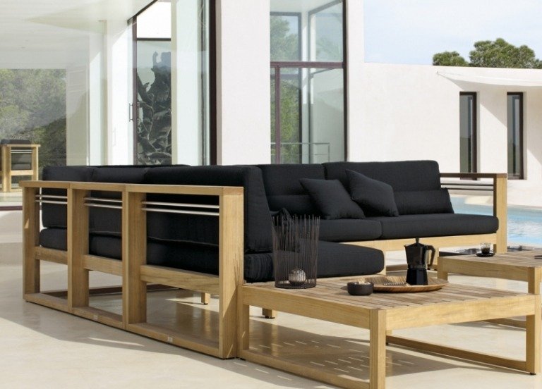 Móveis de jardim lounge-madeira-teca-estofamento preto
