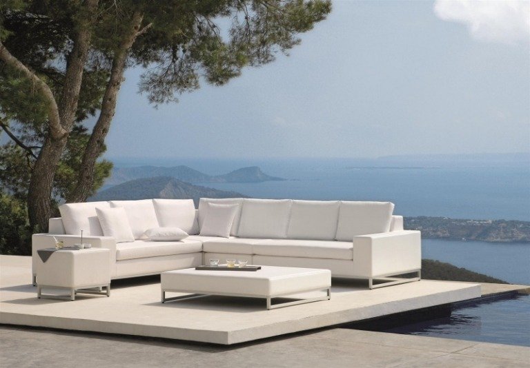 Lounge-mobiliário de jardim-sofá-branco-mesa de centro-banquinho