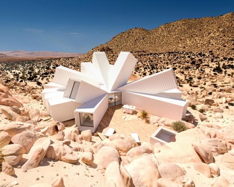 luxo, casa contêiner, paisagem, rochas futuristas