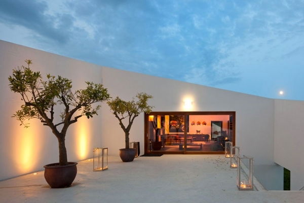 Projeto de luzes de parede de árvores exóticas em casa de concreto no telhado