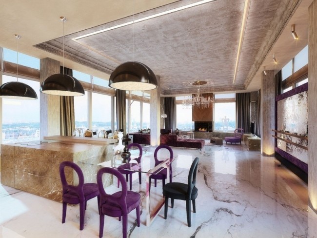 Apartamento na cobertura em Moscou, cozinha, sala de estar, móveis luxuosos, janelas panorâmicas de mármore