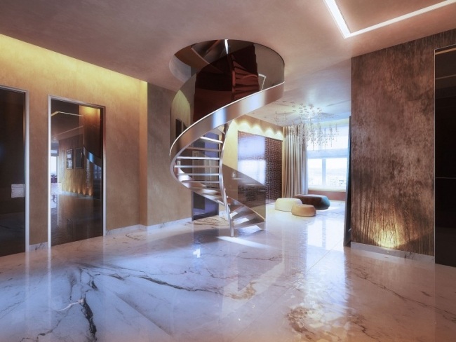 Escada em espiral de metal corrimão design - apartamento de cobertura - design de interiores de luxo em Moscou