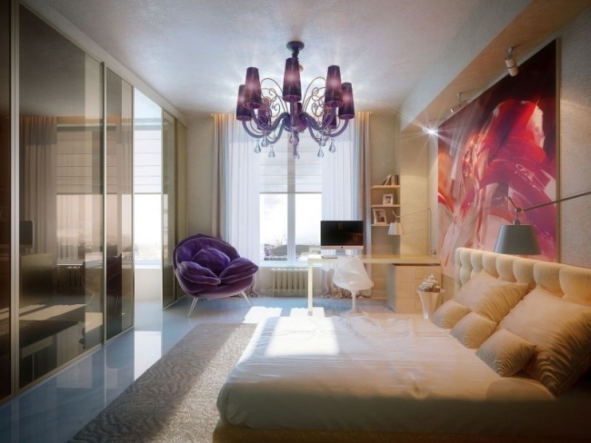 Luxuoso quarto-cama com design lustre-púrpura penthouse-Moscou-rua Gilyarovskogo