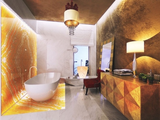 Visualização em 3D, design de interiores, banheiro, ladrilhos de pedra fina, cobertura de rua Gilyarovskogo luz indireta