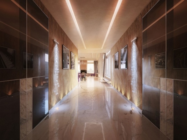 Apartamento penthouse com design e luz de visualização em 3D com sala de corredor