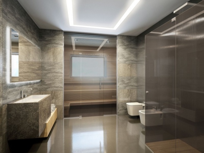 Apartamento na cobertura - sauna em casa - revestimento de parede com piso de mármore projeto 3D - rua Gilyarovskogo