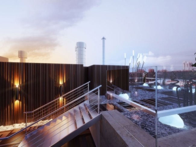 Visualização da arquitetura 3D moderna da cobertura no terraço da cobertura