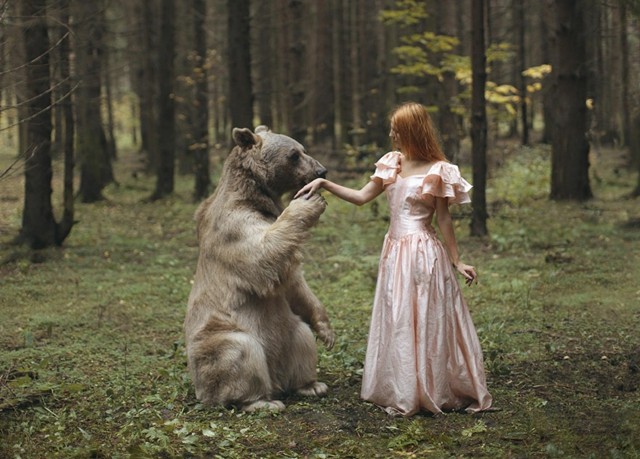 Vestido de princesa com urso na floresta