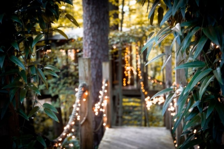 Casa na árvore para viver -seilbruecke-fairy lights-plants-natural-rope bridge