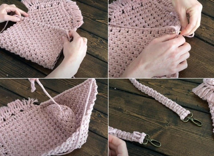 Instruções para a bolsa macrame em alemão - costure e amarre-se com mosquetão