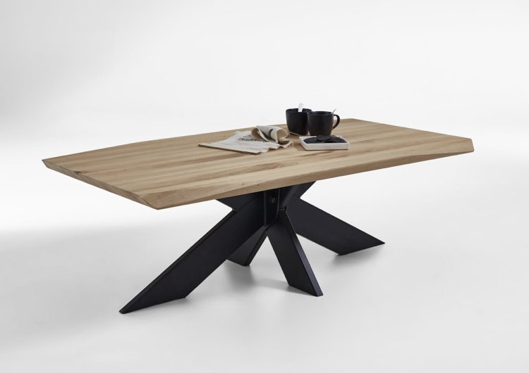 Mesa de centro de madeira maciça de carvalho X pernas estrutura de metal