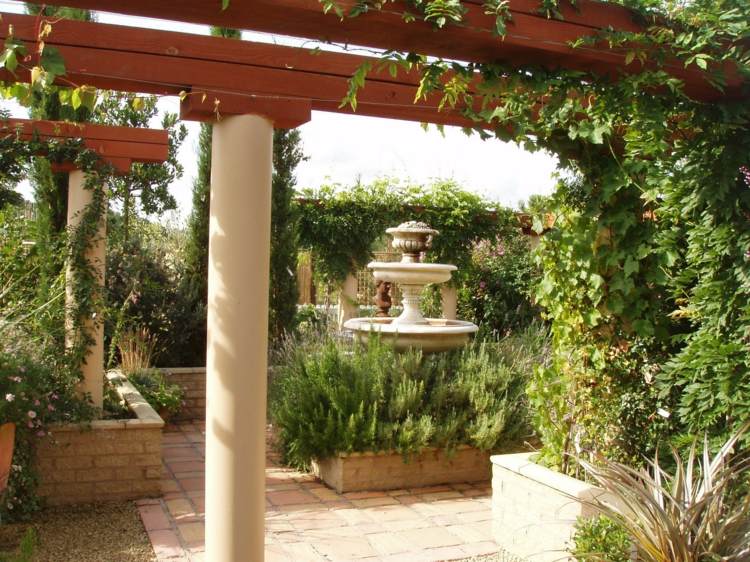 Projeto do jardim mediterrâneo-plantas-sempre-vivas-flores-videira-fonte-escultura de pedra