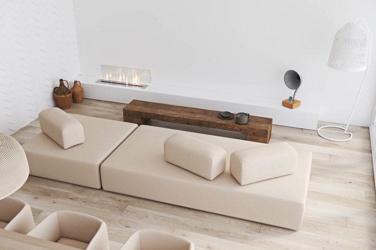 sofá minimalista mesa lareira de madeira