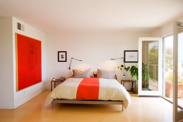 minimalista-arte-quarto-vermelho-pintura-roupa de cama coordenada