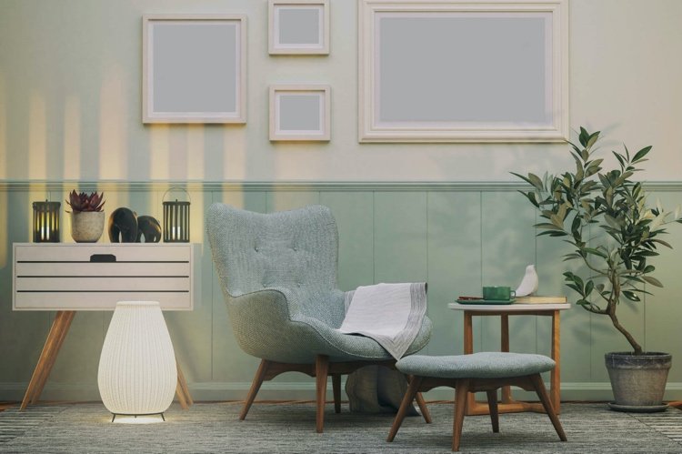 A cor menta com cinza e branco cria uma atmosfera relaxante